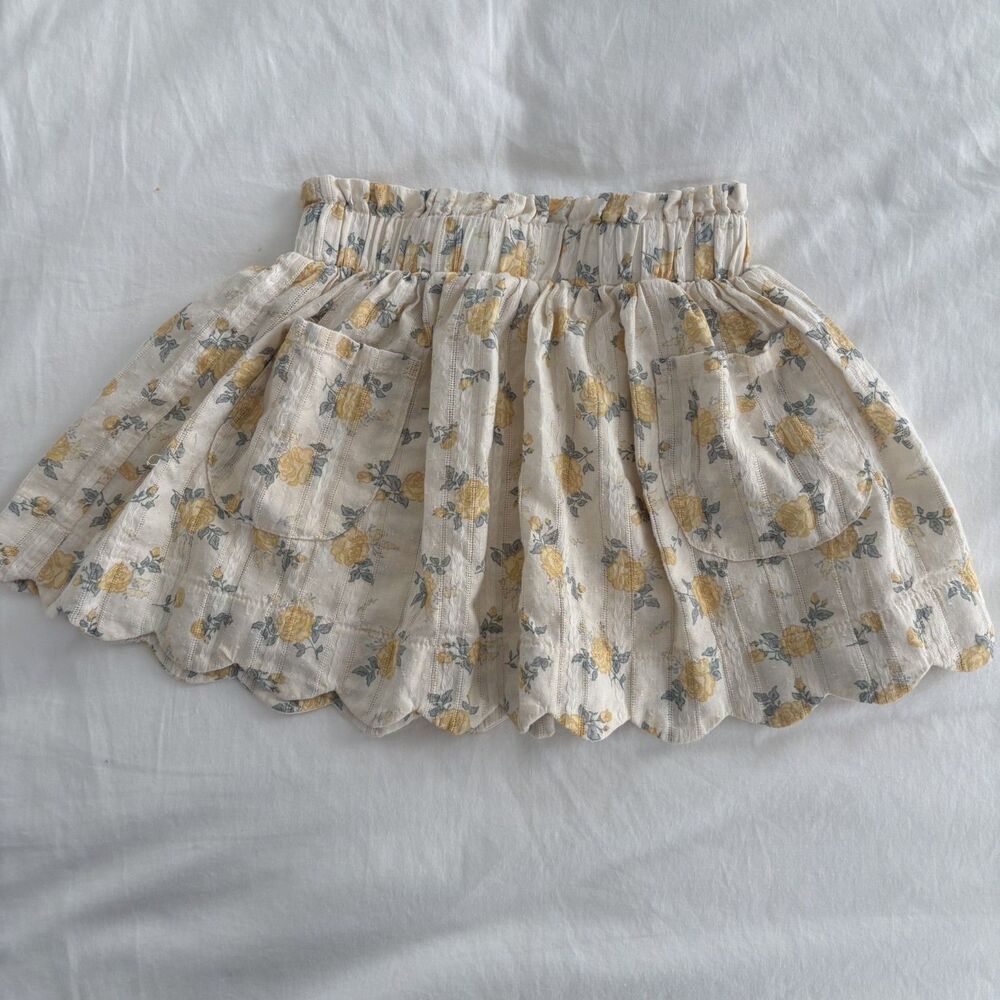 Rylee and Cru Lenny Skirt Cottage Core Size 4-5 years Lemon Ditsy Flower Cotton